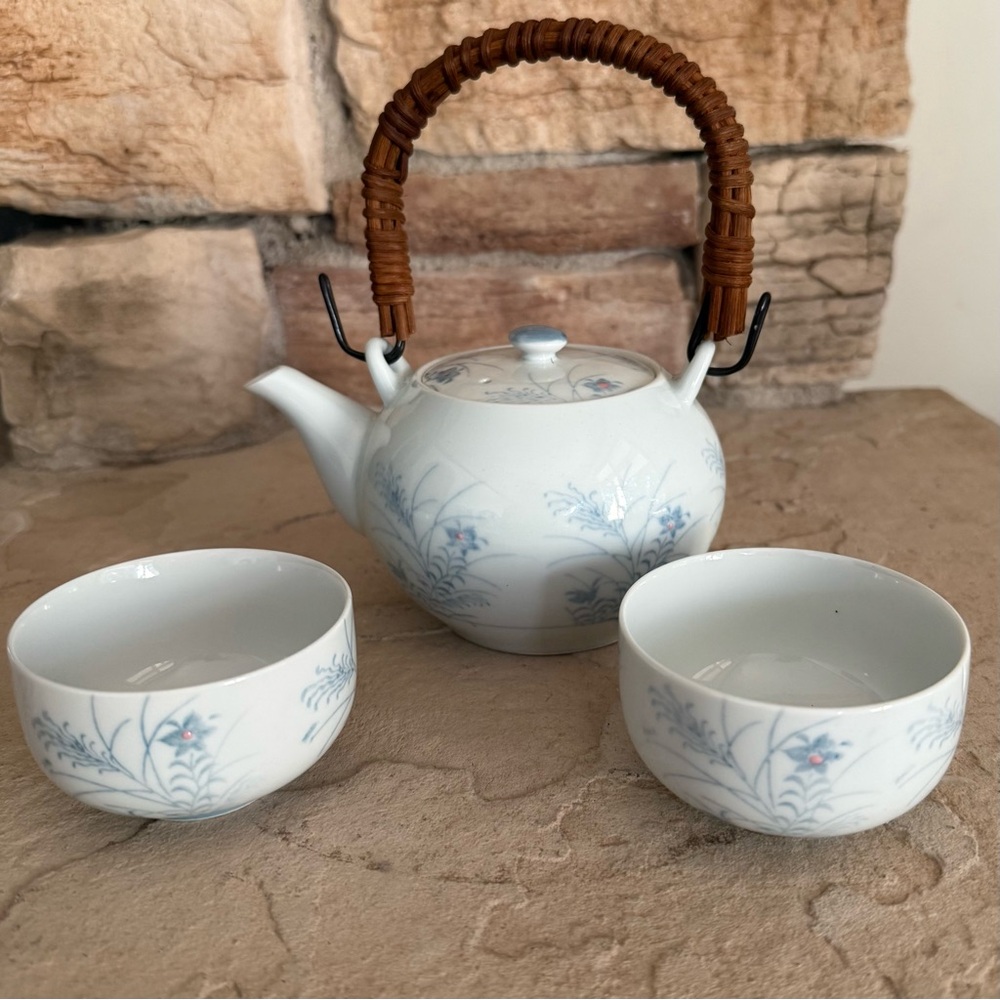 Fukagawa Arita Vintage Porcelain Flower Print Japanese Tea Set Bamboo Handle‎